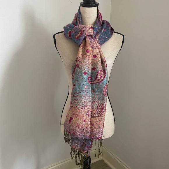 pashmina Accessories - Pashmina Silk Shawl Paisley Print Lightweight Fringe Stole Boho Chic Artsy Wrap